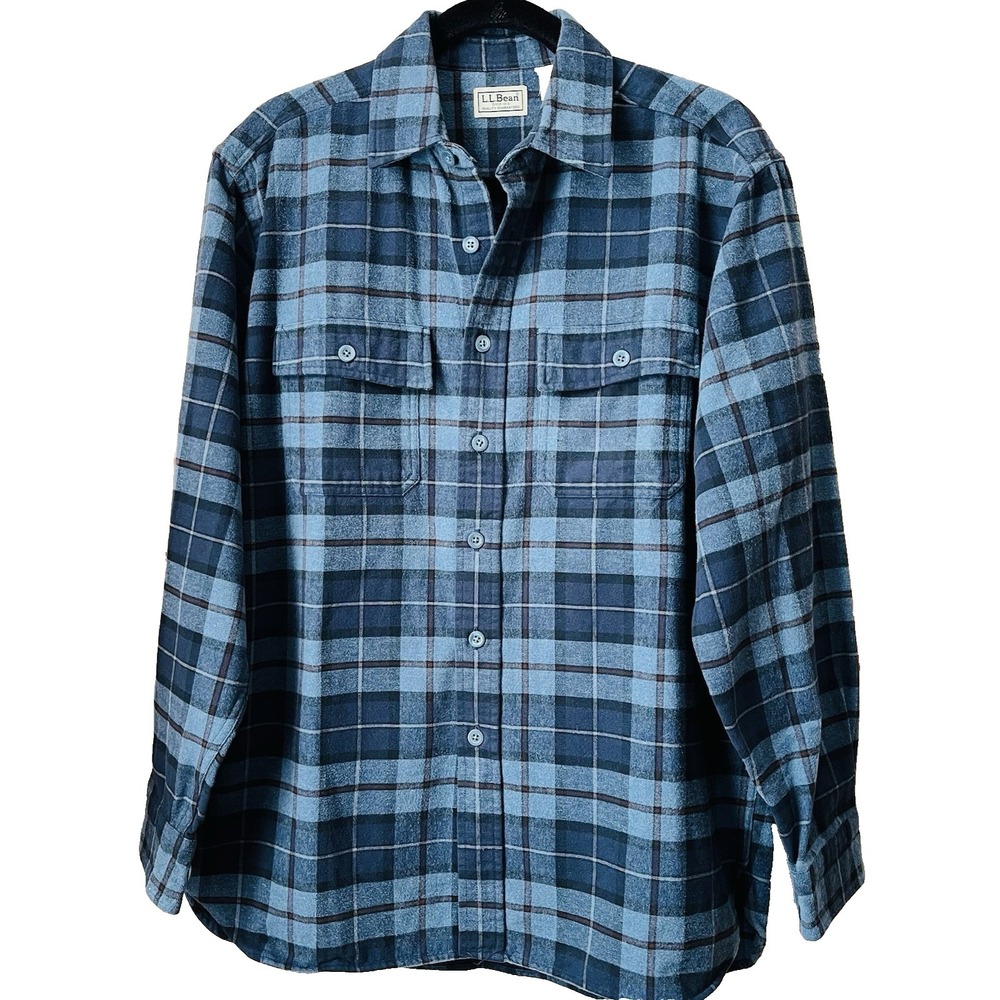 L.L. Bean 0 MT06‎ Blue Plaid Chamois Flannel Long Sleeve Shirt Men's M-Reg